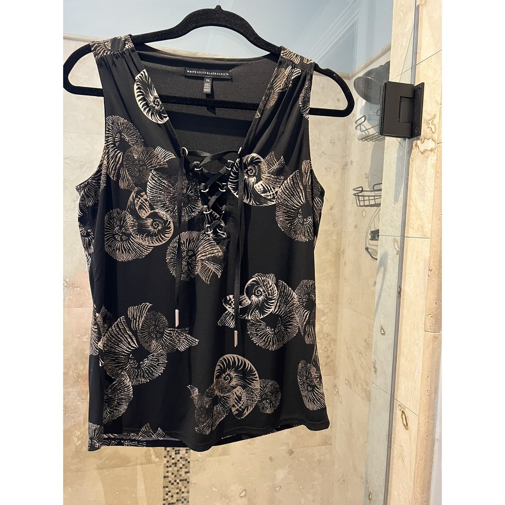 White House Black Market Tan Nautilus Seashell Lace Up Blouse XS Black